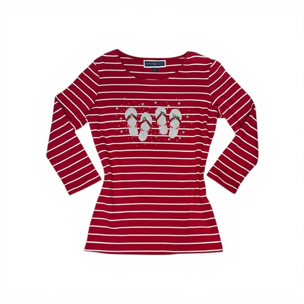 Karen Scott Christmas Red White Embellished Holiday Shirt, Petite XS (0P) NWT